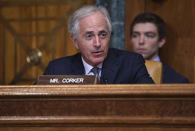 Sen. Bob Corker, R-Tenn., asks a question of as Budget Director Mick Mulvaney as he testifies before the Senate Budget Committee on Capitol Hill in Washington, Tuesday, Feb. 13, 2018, on President Donald Trump's fiscal year 2019 budget proposal. (AP Photo/Susan Walsh)