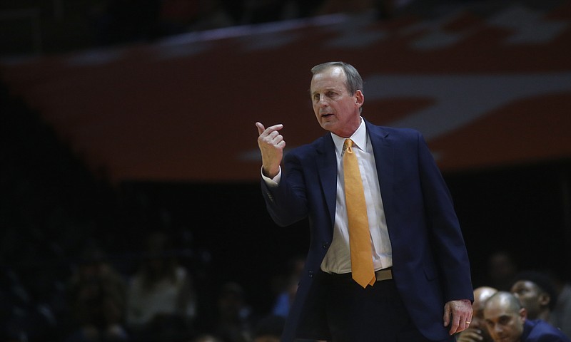 Tennessee head coach Rick Barnes motions to one of his players in the second half of an NCAA college basketball game against South Carolina on Tuesday, Feb. 13, 2018, in Knoxville, Tenn. (AP Photo/Crystal LoGiudice)