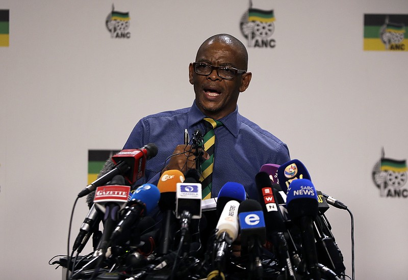
              Secretary General of the African National Congress, (ANC) Ace Magashule, makes a statement at a briefing at the ANC headquarters in downtoan Johannesburg, Tuesday, Feb. 13, 2018. Magashule said the scandal-tainted President Jacob Zuma must leave office. (AP Photo/Themba Hadebe)
            