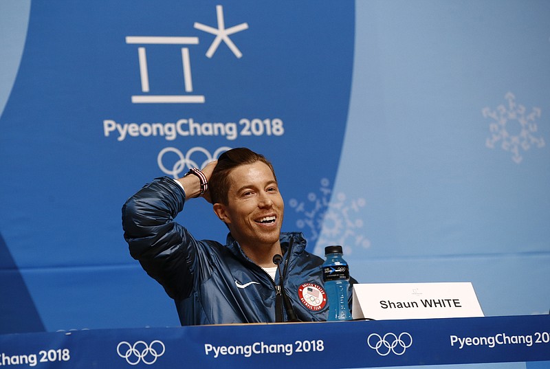 Men's halfpipe gold medalist Shaun White, of the United States, speaks at a news conference at the 2018 Winter Olympics in Pyeongchang, South Korea, Wednesday, Feb. 14, 2018. (AP Photo/Patrick Semansky)