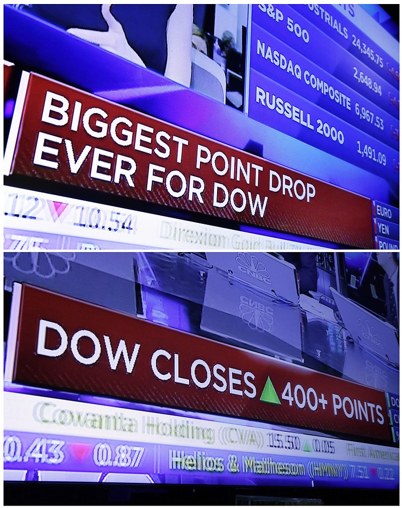 
              In this combo of file photo taken on the floor of the New York Stock Exchange, a television screen headlines the stock index news at the close of trading on Monday, Feb. 5, 2018, top, and a television screen headlines the Dow Jones industrial average on Monday, Feb. 12. The stock market has found firmer footing following its breathtaking drop earlier this month, where the S&P 500 lost 10 percent in just nine days. (AP Photo/Richard Drew, File)
            