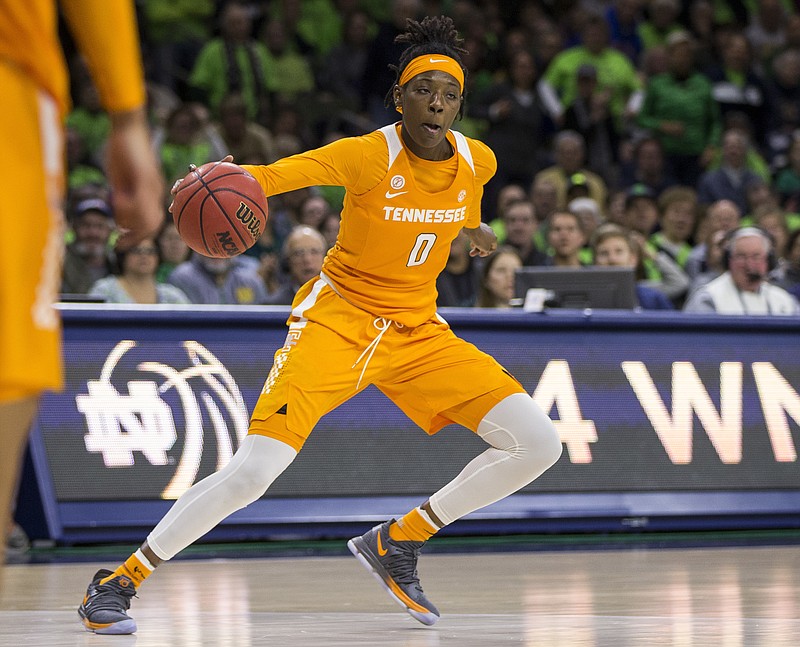 Tennessee's Rennia Davis (0) turns the ball downcourt during the second half of an NCAA college basketball game against Notre Dame Thursday, Jan. 18, 2018, in South Bend, Ind. Notre Dame won 84-70. (AP Photo/Robert Franklin)