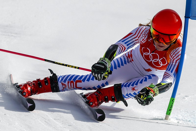 Mikaela Shiffrin, of the United States, attacks the gate during the second run of the Women's Giant Slalom at the 2018 Winter Olympics in Pyeongchang, South Korea, Thursday, Feb. 15, 2018., Thursday, Feb. 15, 2018. (AP Photo/Jae C. Hong)