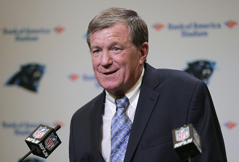 
              FILE - In this Wednesday, July 19, 2017 file photo, Carolina Panthers interim general manager Marty Hurney speaks to the media during a news conference in Charlotte, N.C. The Panthers have reinstated interim general manager Marty Hurney after an NFL investigation found no wrongdoing into charges of harassment by his ex-wife. The NFL said in a statement Friday, Feb. 16, 2018 that “our investigation identified no evidence to support an allegation of domestic violence or similar conduct that would constitute a violation of the personal conduct policy.” (AP Photo/Chuck Burton, File)
            