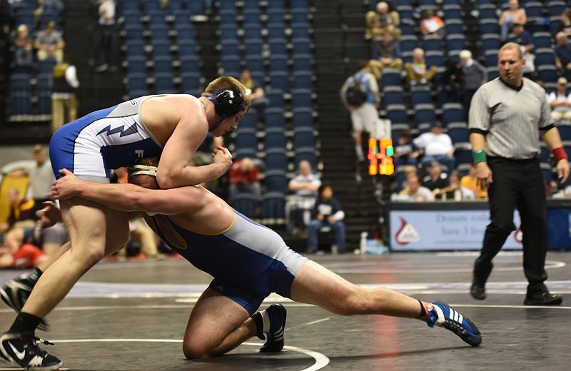 UTC's Conner Tolley shoots to take down Air Force's Marcus Maleck during a 285-pound match at the Southern Scuffle in January 2017 at McKenzie Arena.