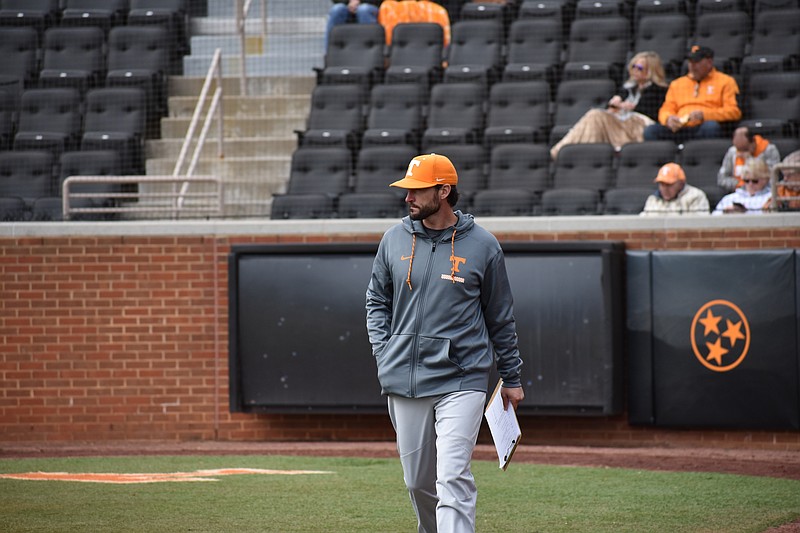 Tennessee baseball coach Tony Vitello walks across the field at Lindsey Nelson Stadium during a recent scrimmage on Tennessee's campus.