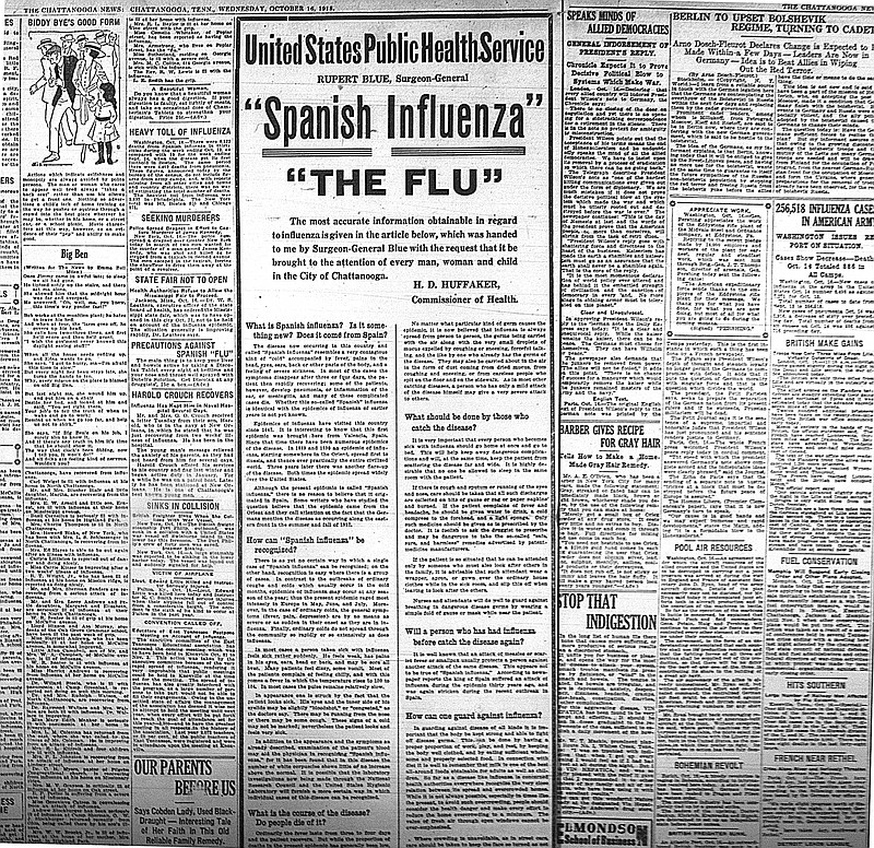 An announcement from the United States Public Health Services about the Spanish flu is printed in a newspaper produced by The Chattanooga News on Wednesday, Oct. 16, 1918. The newspaper section was pulled from micro film stored at the Chattanooga Public Library in Chattanooga, Tenn. Several other stories in the paper include conferences being called off due to the flu and many American soldiers fighting in World War I being diagnosed with the flu. 