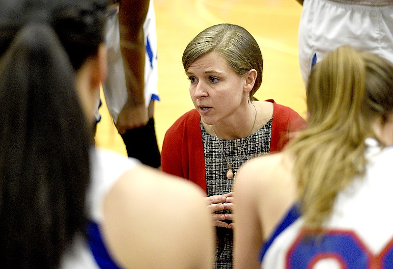 Red Bank head coach Bailey McGinnis talks to her team between quarters.  The Brainerd Panthers faced the Red Bank Lions in the girls's TSSAA District 6-AA Tournament at The Howard School on February 17, 2018.  