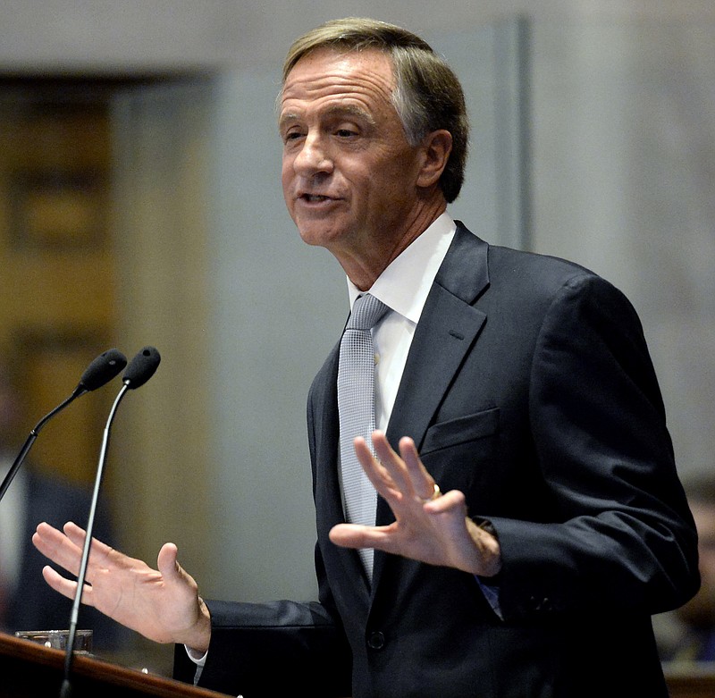 Tennessee Gov. Bill Haslam gives his annual State of the State address to a joint convention of the Tennessee General Assembly Monday, Jan. 29, 2018, in Nashville, Tenn. (AP Photo/Mark Zaleski)