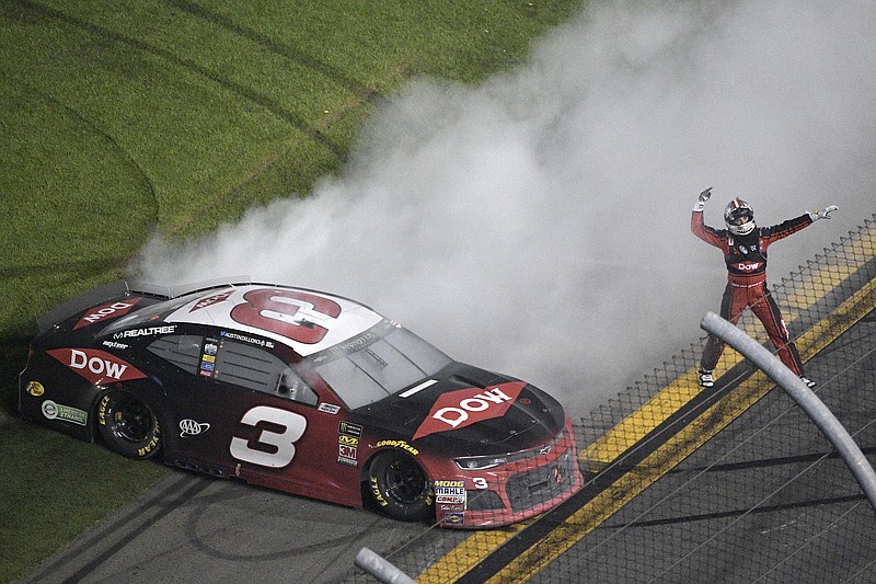 Austin Dillon (3) celebrates on the track after winning the NASCAR Daytona 500 auto race at Daytona International Speedway Sunday, Feb. 18, 2018, in Daytona Beach, Fla. (AP Photo/Phelan M. Ebenhack)