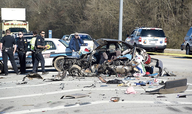 Chattanooga police work the scene of a serious accident that closed the southbound lanes of Highway 27 between Thrasher Pike and Highway 153 in 2016. One person was killed in this crash and another was critically injured.