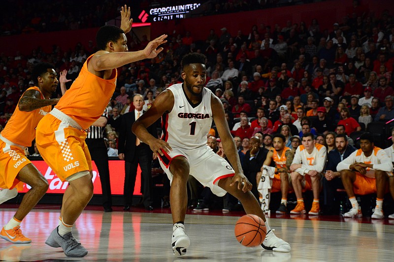 Georgia senior forward Yante Maten helped power the Bulldogs to a 73-62 win over Tennessee on Saturday night. The top five teams in the SEC standings entering last weekend went on the road and lost. (Caitlyn Tam/Georgia photo)