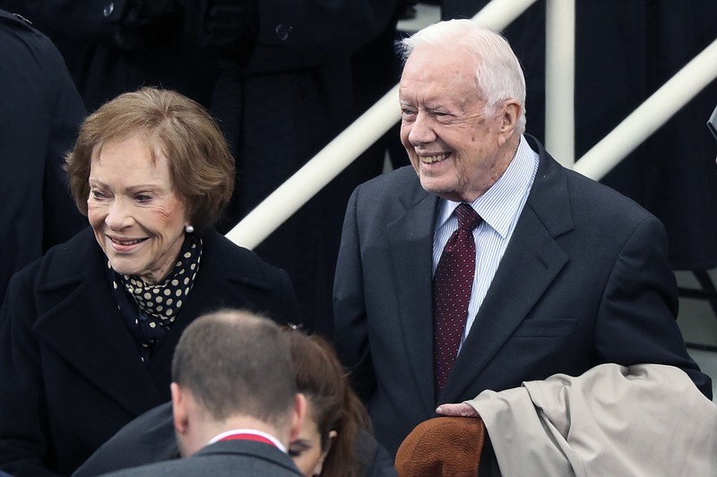In a Friday, Jan. 20, 2017 file photo, former president Jimmy Carter and Rosalynn Carter arrive during the 58th Presidential Inauguration at the U.S. Capitol in Washington. Former first lady Rosalynn Carter is recovering from surgery at Emory University Hospital. Carter, 90, had surgery on Sunday, Feb. 18, 2018, to remove scar tissue from a portion of her small intestine, The Carter Center said in a statement. The surgery was successful. (AP Photo/Andrew Harnik, File)