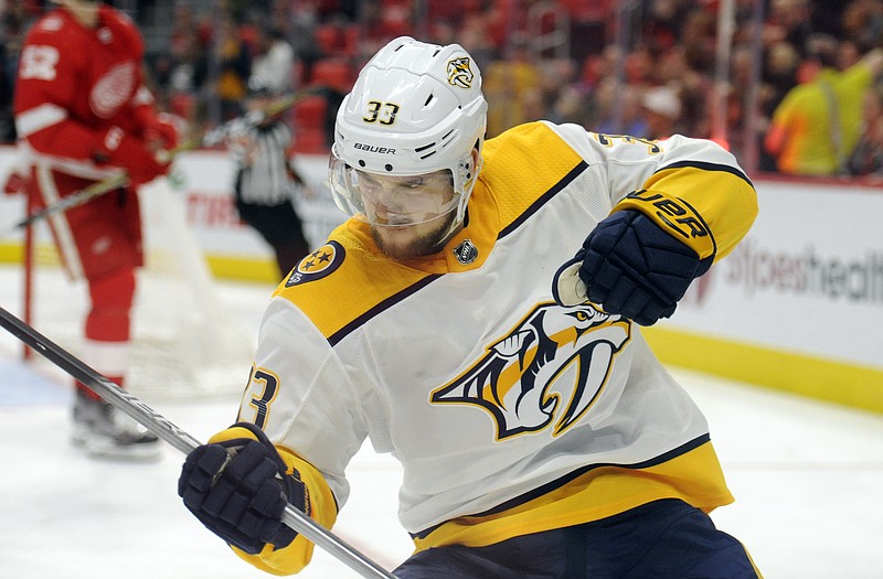 Nashville Predators left wing Viktor Arvidsson (33) reacts after scoring against the Detroit Red Wings in the third period of an NHL hockey game, Tuesday, Feb. 20, 2018, in Detroit. (AP Photo/Jose Juarez)