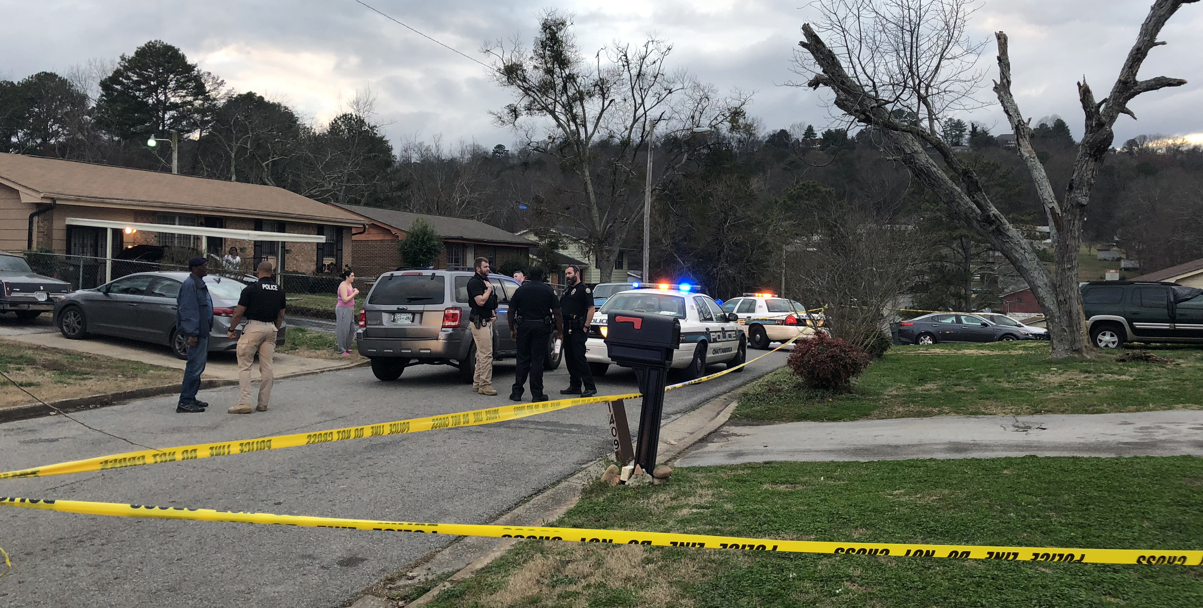 Police work the scene of a shooting on Carousel Rd. on Tuesday, Feb. 20, 2018.