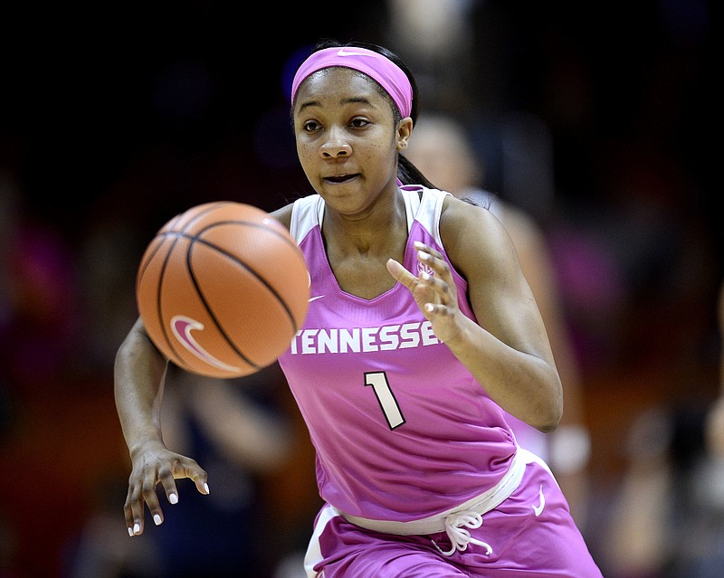 Tennessee freshman point guard Anastasia Hayes chases a loose ball during the Lady Vols' home win against Georgia this month. The Lady Vols play at Florida tonight.