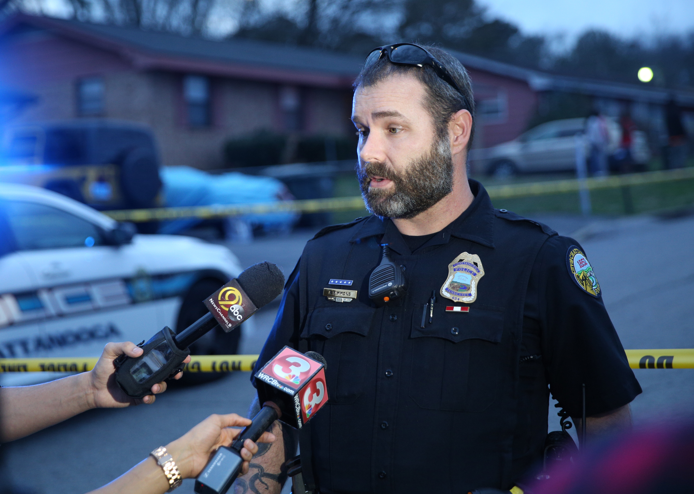 Chattanooga Police Department spokesperson Rob Simmons speaks during a press briefing at the scene of a shooting Tuesday, Feb. 20, 2018 in the 1400 block of Carousel Road in Chattanooga, Tenn. One person is deceased following the incident and another is in critical condition.