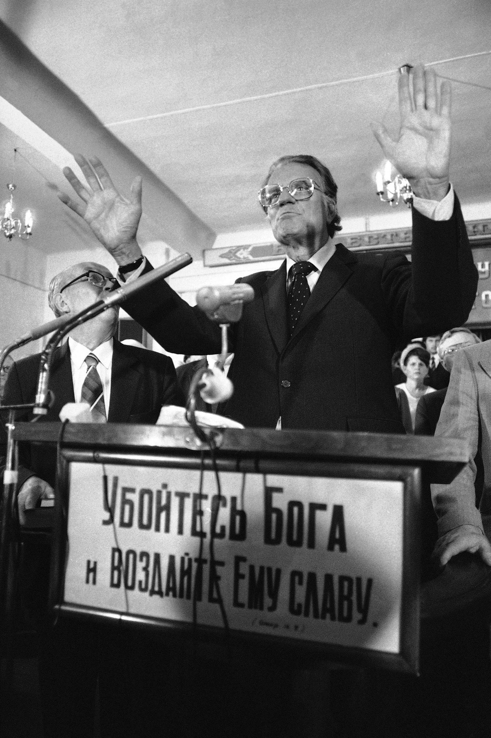 The Rev. Dr. Billy Graham greets members of the Novosibirsk Baptist Church after the sermon Tuesday in September 1984. (AP Photo/Boris Yurchenko