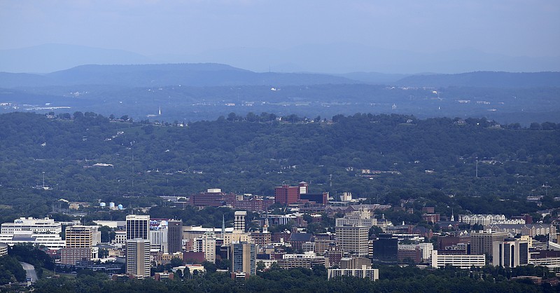 Downtown Chattanooga is seen from an overlook in the TVA's Raccoon Mountain Pumped Storage Facility on Tuesday, Aug. 8, in Chattanooga, Tenn.