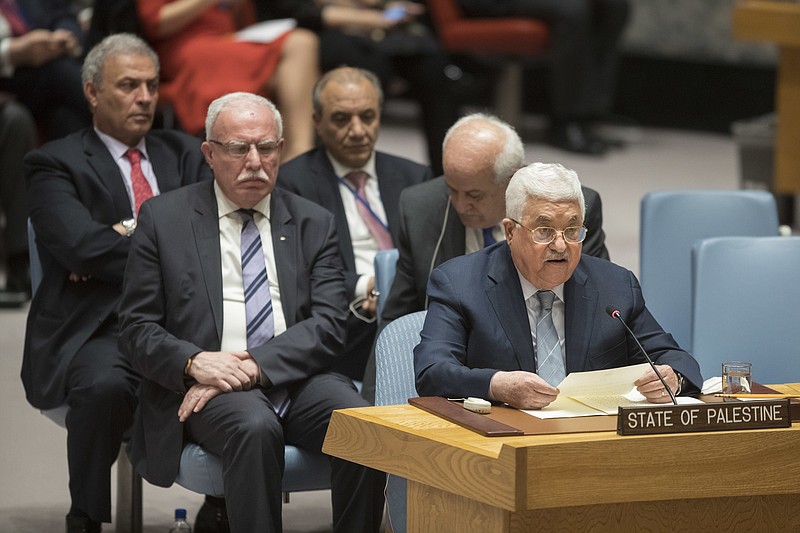 Palestinian President Mahmoud Abbas speaks during a Security Council meeting on the situation in the Middle East, Tuesday, Feb. 20, 2018 at United Nations headquarters. (AP Photo/Mary Altaffer)