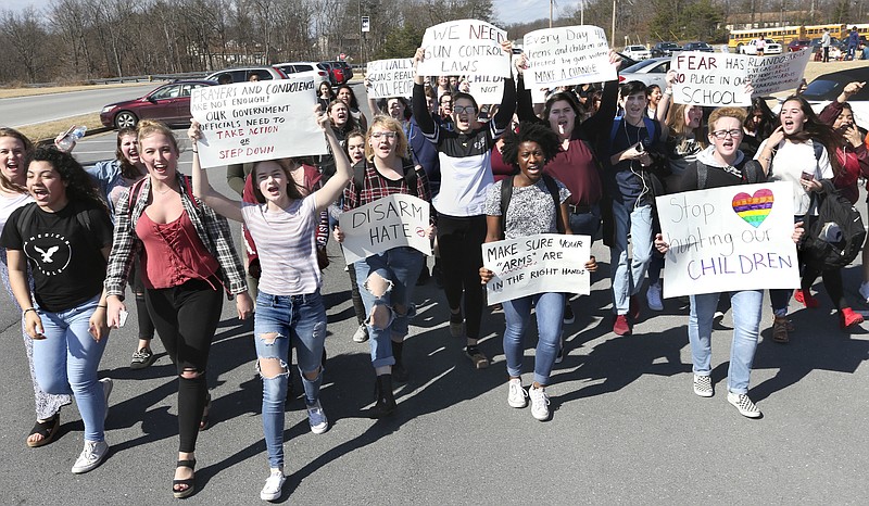 Millbrook High School students demonstrate against gun violence outside their school in Frederick County, Va., Wednesday, Feb. 21, 2018, following a school shooting in which over a dozen people were killed at Marjory Stoneman Douglas High School in Parkland, Fla., one week ago. (Jeff Taylor/The Winchester Star via AP)