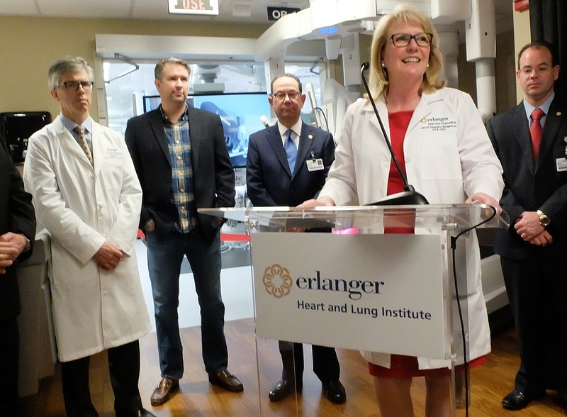 From left, Dr. Larry Shears, chief of Cardio-Thoracic surgery; Jack Studer, Erlanger chairman of the board; Kevin Spiegel, Erlanger president; Judy Tingley, vice president and CEO of the Heart and Lung Institute; and Rob Brooks, COO, take part in the opening of Erlanger's new Heart and Lung Institute Thursday.
