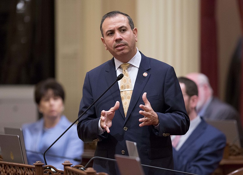 FILE - In this Jan. 3, 2018, file photo, California state Sen. Tony Mendoza, D-Artesia, announces that he will take a month-long leave of absence while an investigation into sexual misconduct allegations against him are completed in Sacramento, Calif.