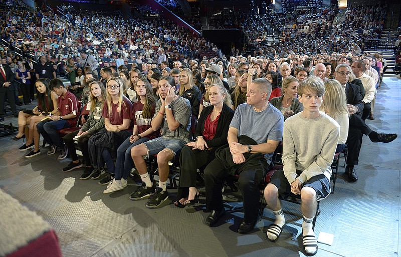 Marjory Stoneman Douglas High School students and parents wait for a CNN town hall broadcast to begin, Wednesday, Feb. 21, 2018, at the BB&T Center, in Sunrise, Fla. (Michael Laughlin/South Florida Sun-Sentinel via AP)