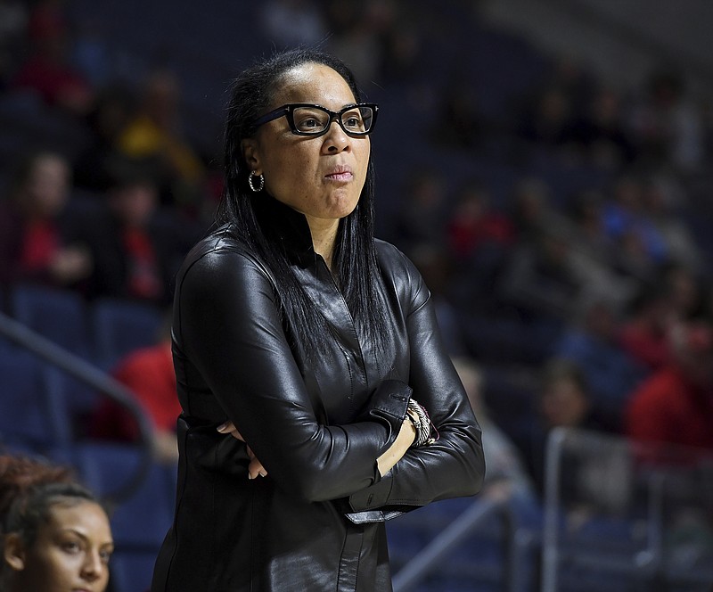 
              FILE - In this Thursday, Jan. 4, 2018 file photo, South Carolina head coach Dawn Staley watches on during the second half of an NCAA college basketball game against Mississippi in Oxford, Miss. South Carolina women’s basketball coach Dawn Staley has sued Missouri’s athletics director for slander after he suggested she wanted fans to spit and use racial slurs against his players.
Staley’s lawsuit filed Thursday, Feb. 22, 2018 in South Carolina asks for no more than $75,000 in damages from Jim Sterk for damaging her reputation. (AP Photo/Thomas Graning, File)
            
