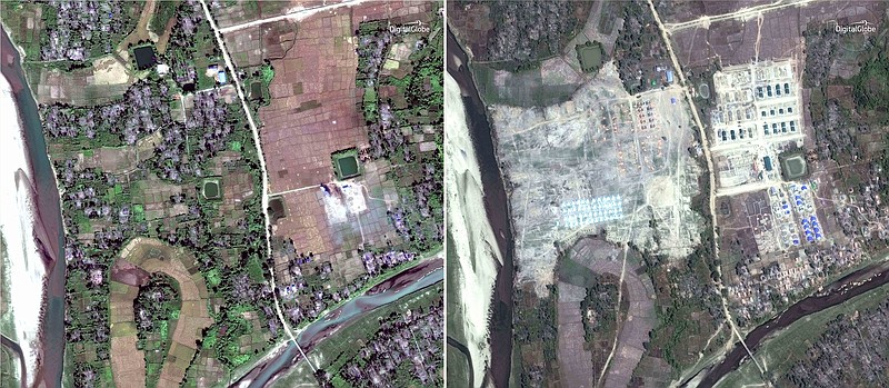 This combination of two satellite images provided by DigitalGlobe, Dec. 2, 2017, left; and Feb. 19, 2018, right; displaying the village of Thit Tone Nar Gwa Son, about 50 kilometers (30 miles) north of Maungdaw, Rakhine state, Myanmar, shows the predominantly Rohingya village and hamlets that have been completely leveled by authorities in recent weeks, far more than previously reported. While Myanmar's government claims it's simply trying to rebuild a devastated region, the operation has raised deep concern among human rights advocates, who say the government is destroying what amounts to scores of crime scenes before any credible investigation takes place. (DigitalGlobe via AP)
