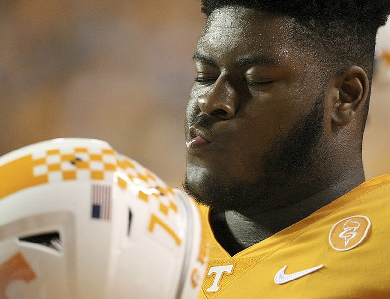 Tennessee offensive lineman Trey Smith, shown before a home game against Southern Miss last November, is expected to miss at least some of the Vols' upcoming spring practices.