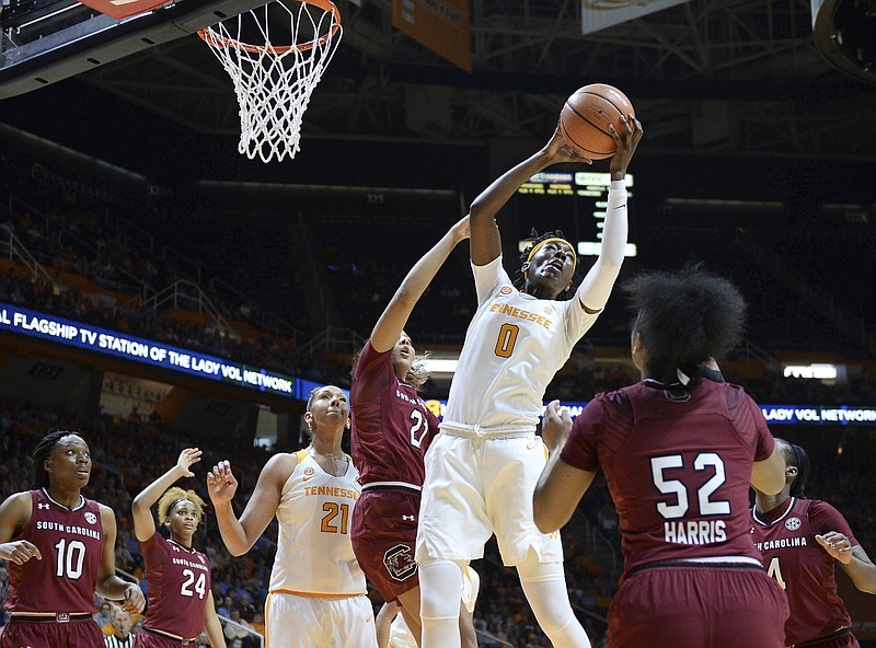 Tennessee guard/forward Rennia Davis (0) rebounds the ball during the first quarter of an NCAA college basketball game against South Carolina in Knoxville, Tenn., Sunday, Feb. 25, 2018. (Joy Kimbrough/The Daily Times via AP)