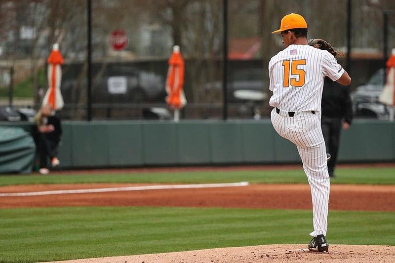 Tennessee pitcher Will Neely prepares to deliver a pitch during the Vols' 3-2 loss to UNC-Greensboro on Sunday. (Photo: Courtesy of Tennessee Athletics)