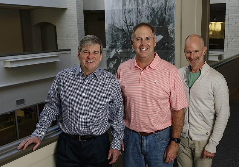 Executive Vice President Pem Guerry, CEO Jay Jumper and CFO Gary Peate, from left, are photographed outside the Signix Offices on Friday, Jan. 19, 2018, in Chattanooga, Tenn. The company is entering the blockchain market for providing digital signatures and security.