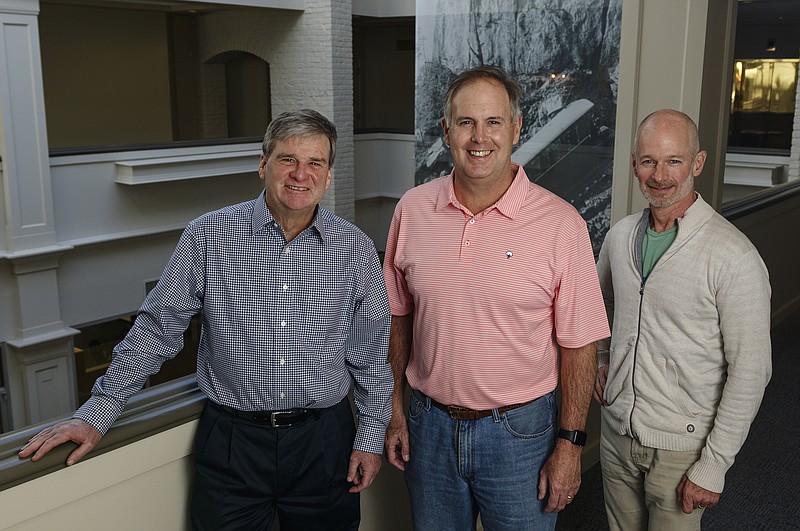 Executive Vice President Pem Guerry, CEO Jay Jumper and CFO Gary Peate, from left, are photographed outside the Signix Offices on Friday, Jan. 19, 2018, in Chattanooga, Tenn. The company is entering the blockchain market for providing digital signatures and security.