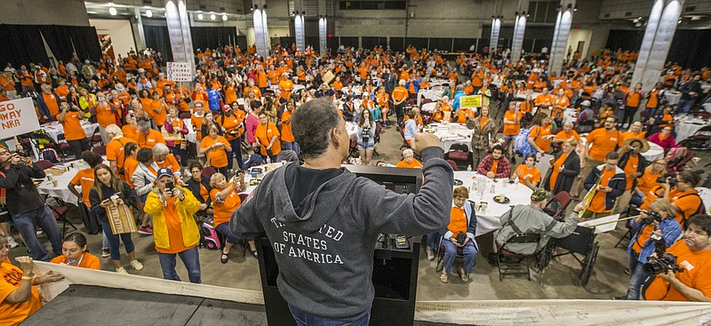 Former Miami Beach mayor Philip Levine speaks to protesters, numbering near 1,000, as they gather at the Donald L. Tucker Civic Center before marching to the Florida Capitol for the Rally in Tally in Tallahassee, Fla., Feb 26, 2018. (AP Photo/Mark Wallheiser)