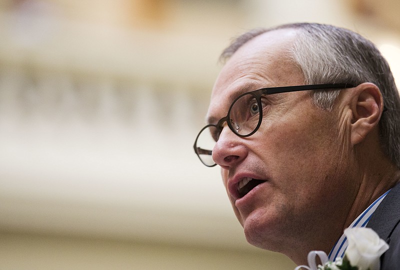 FILE - In this Jan. 11, 2016, file photo, Georgia Lt. Gov. Casey Cagle speaks during a memorial ceremony on the first day of the legislative session at the state Capitol in Atlanta. Cagle on Monday, Feb. 26, 2018, threatened to prevent Delta Air Lines from getting a lucrative tax cut after the company ended its discount program with the National Rifle Association. Cagle, president of the state Senate and a leading candidate to succeed Gov. Nathan Deal, tweeted that he would use his position to kill a proposed sales tax exemption on jet fuel. (AP Photo/David Goldman, File)
