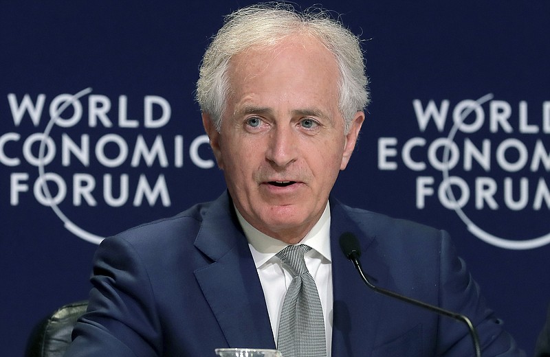  In this Jan. 24, 2018, file photo, Sen Bob Corker, R-Tenn., speaks at a news conference at the World Economic Forum in Davos, Switzerland. Corker says he will no longer block Persian Gulf nations from buying American-made lethal weapons even though the diplomatic crisis between Qatar and its neighbors remains in a stalemate.. (AP Photo/Markus Schreiber, File)