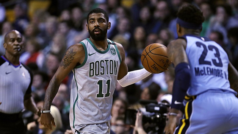 Boston Celtics guard Kyrie Irving (11) during the first quarter of an NBA basketball game in Boston, Monday, Feb. 26, 2018. (AP Photo/Charles Krupa)