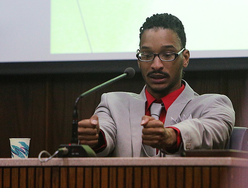 Johnthony Walker, 25, testifies during his criminal trial Wednesday, Feb. 28, 2018 in Judge Don Poole's courtroom at the Hamilton County Courthouse in Chattanooga, Tenn. Walker described the scene as he came to after the crash on Talley Road that occurred Nov. 21, 2016.
