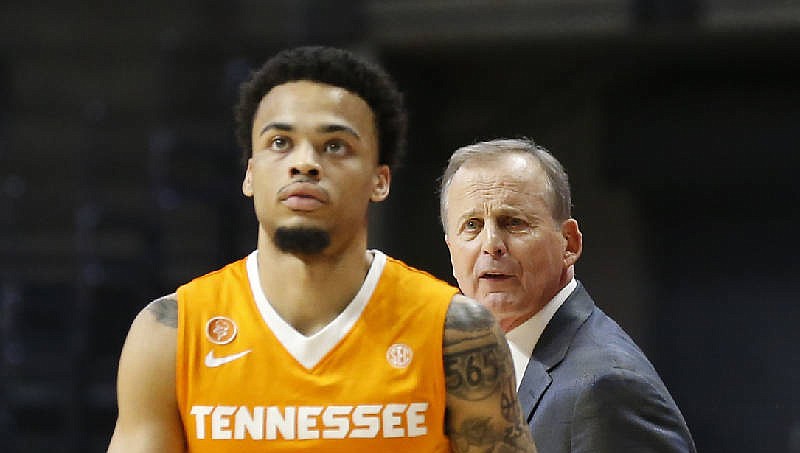 Tennessee head coach Rick Barnes calls out to guard Lamonte Turner (1) during the second half of an NCAA college basketball game in Oxford, Miss., Saturday, Feb. 24, 2018. Tennessee won 73-65. (AP Photo/Rogelio V. Solis)