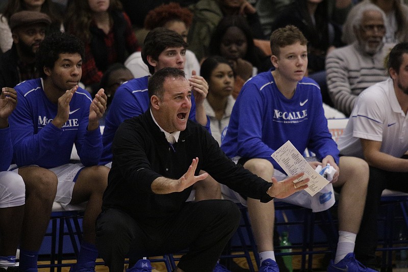 McCallie boys basketball coach John Shulman shouts to players during their Times Free Press Best of Preps basketball tournament championship game at Chattanooga State Technical Community College on Saturday, Dec. 30, 2017, in Chattanooga, Tenn.