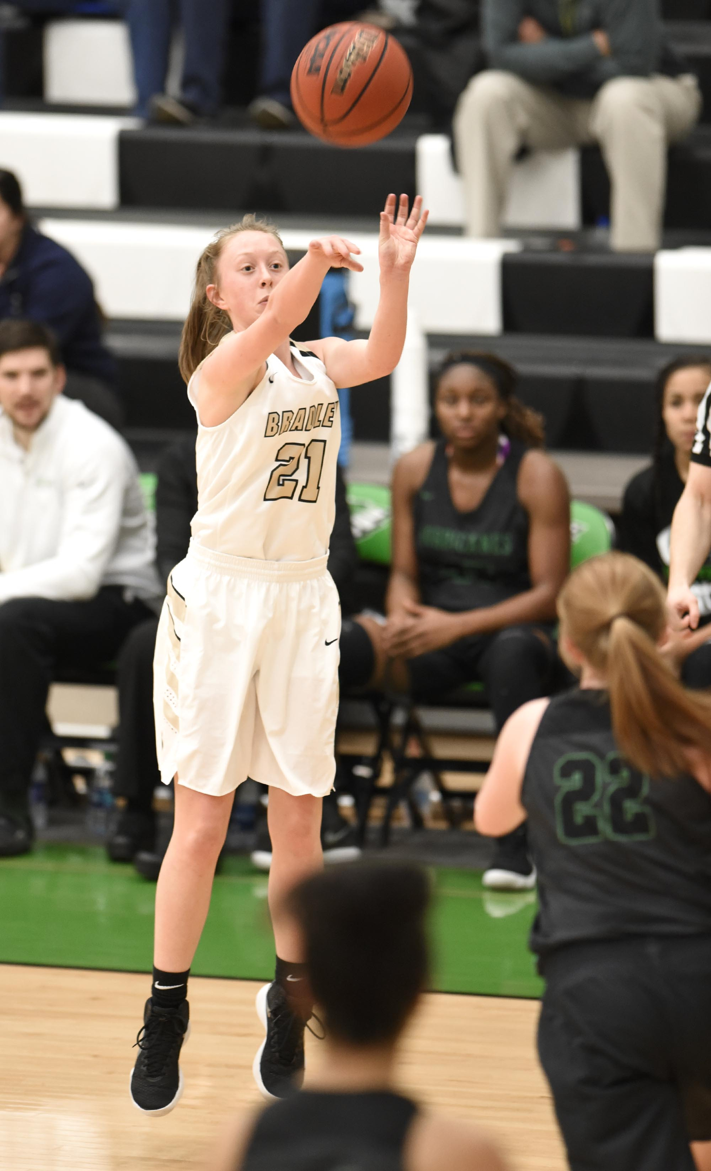 Bradley's Cambree Mayo (21) hits a three pointer.  The East Hamilton Lady Hurricanes met the Bradley Central Bears for the Region 3AAA TSSAA girls'  basketball championship on February 28, 2018