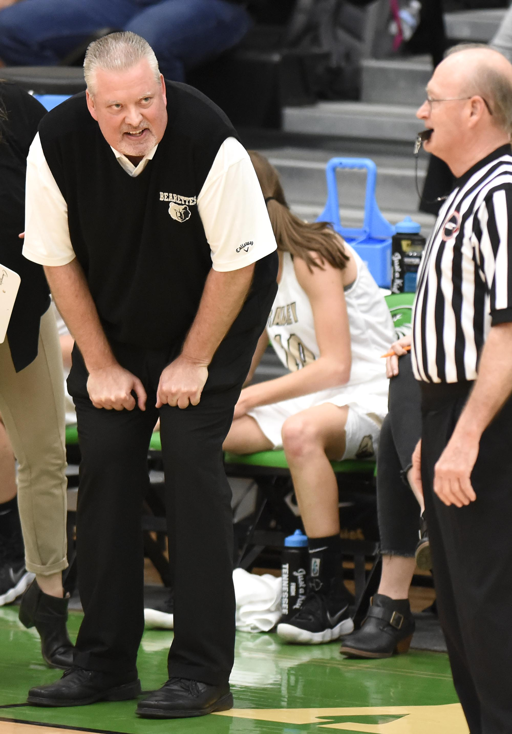 Bradley head coach Jason Reuter questions the official's call.  The East Hamilton Lady Hurricanes met the Bradley Central Bears for the Region 3AAA TSSAA girls'  basketball championship on February 28, 2018
