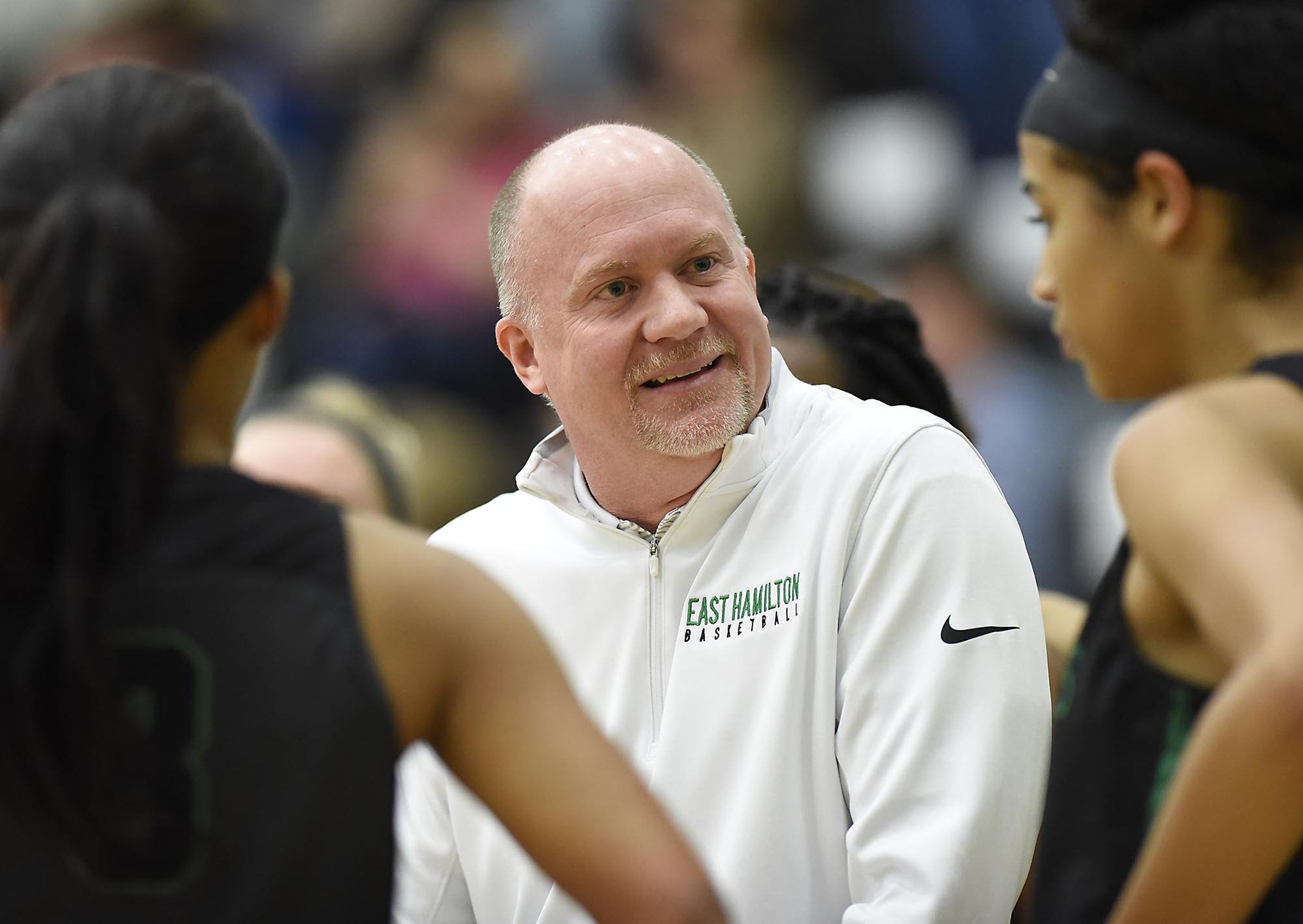 East Hamilton head coach Hunter Gremore talks to his team during a timeout.  The East Hamilton Lady Hurricanes met the Bradley Central Bears for the Region 3AAA TSSAA girls'  basketball championship on February 28, 2018