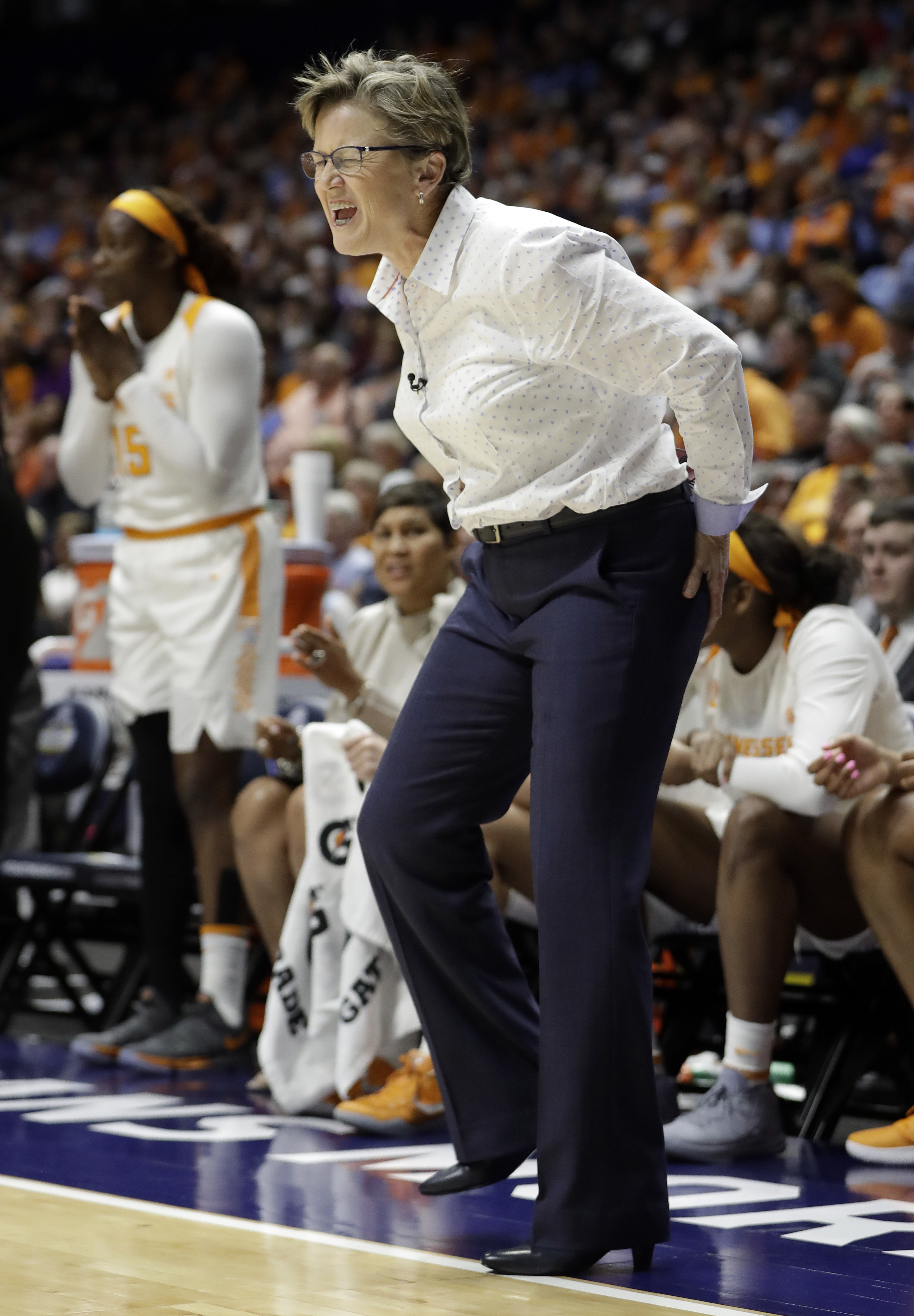 Tennessee head coach Holly Warlick reacts to a call in the second half of an NCAA college basketball game against Auburn at the women's Southeastern Conference tournament Thursday, March 1, 2018, in Nashville, Tenn. (AP Photo/Mark Humphrey)
