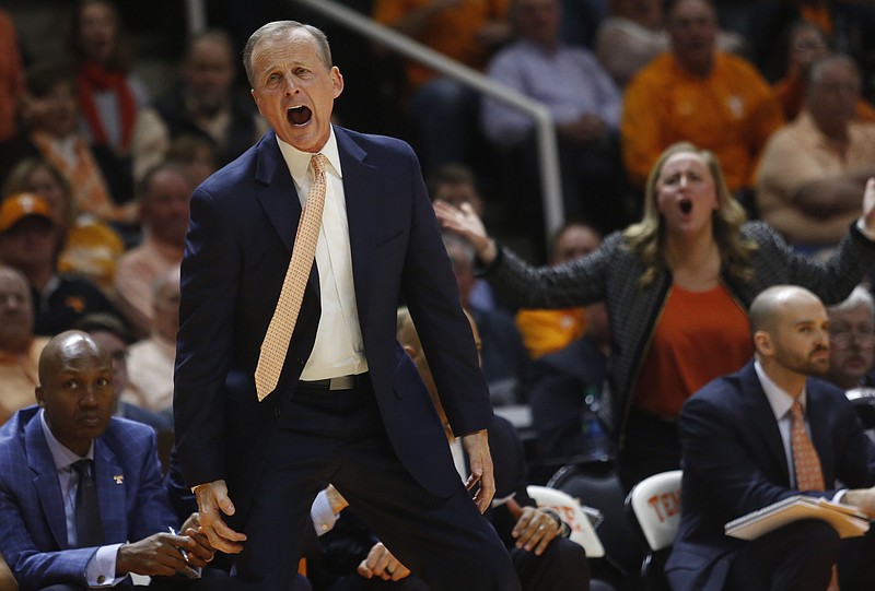 Tennessee coach Rick Barnes reacts to a call during the second half of the team's NCAA college basketball game against Georgia on Saturday, March 3, 2018, in Knoxville, Tenn. (AP Photo/Crystal LoGiudice)