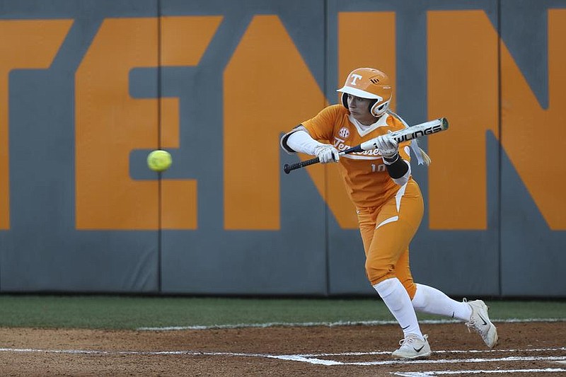 Aubrey Leach attempts a bunt in Tennessee's 4-0 win over South Alabama on Saturday in the Tennessee Invitational. (Photo: Tennessee Athletics)