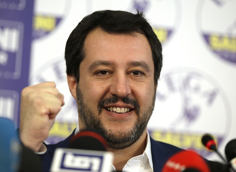 
              Right-wing, anti-immigrant and euroskeptic League's Matteo Salvini gives a press conference on the preliminary election results, in Milan, Monday, March 5, 2018. Leader of euroskeptic League party Salvini says the center-right coalition has won 'the right and duty to govern' Italy. (AP Photo/Luca Bruno)
            