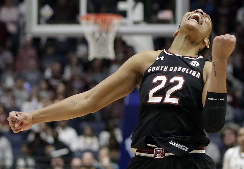 South Carolina forward A'ja Wilson celebrates after her team defeated Mississippi State in an NCAA college basketball championship game at the women's Southeastern Conference tournament Sunday, March 4, 2018, in Nashville, Tenn. (AP Photo/Mark Humphrey)